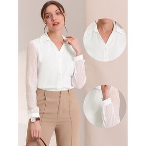 Allegra K Women's Point Collar V Neck Mesh Sleeve Button Down nwt